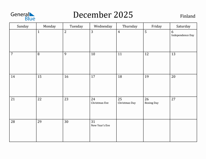 December 2025 Calendar Finland