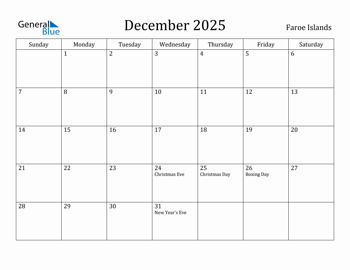 December 2025 Monthly Calendar with Faroe Islands Holidays