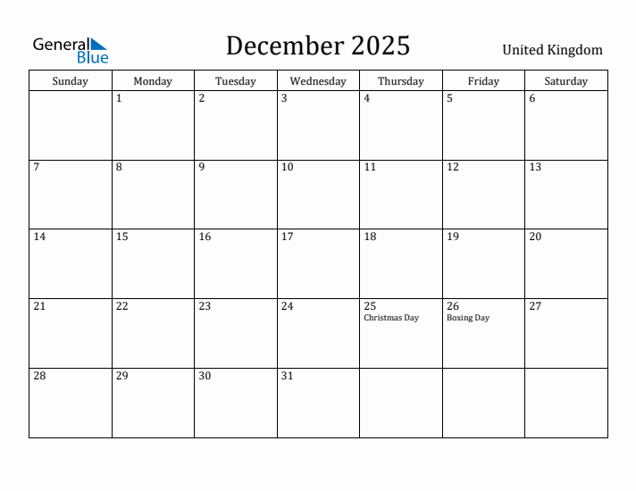December 2025 Calendar United Kingdom