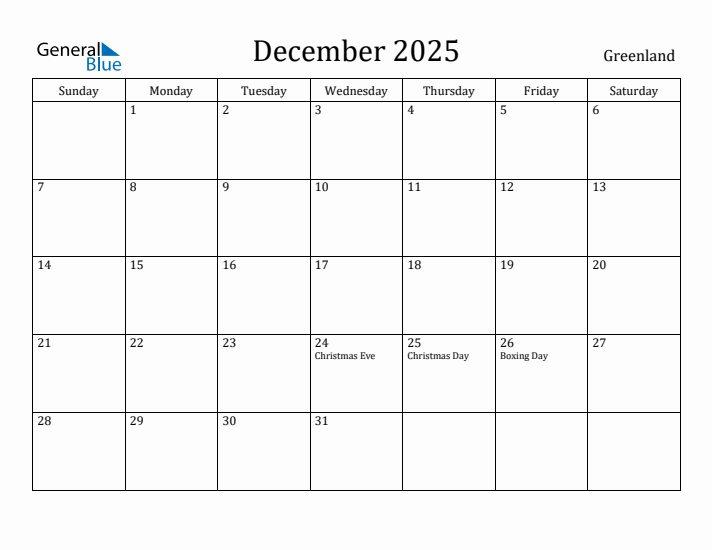 December 2025 Calendar Greenland