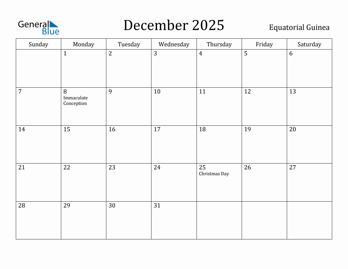 December 2025 Monthly Calendar with Equatorial Guinea Holidays