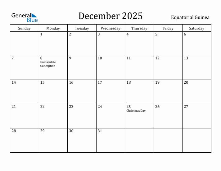 December 2025 Calendar Equatorial Guinea
