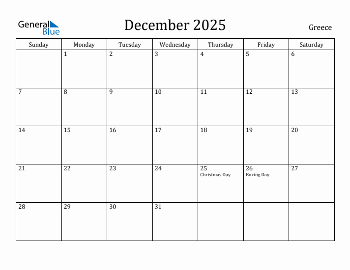 December 2025 Monthly Calendar with Greece Holidays