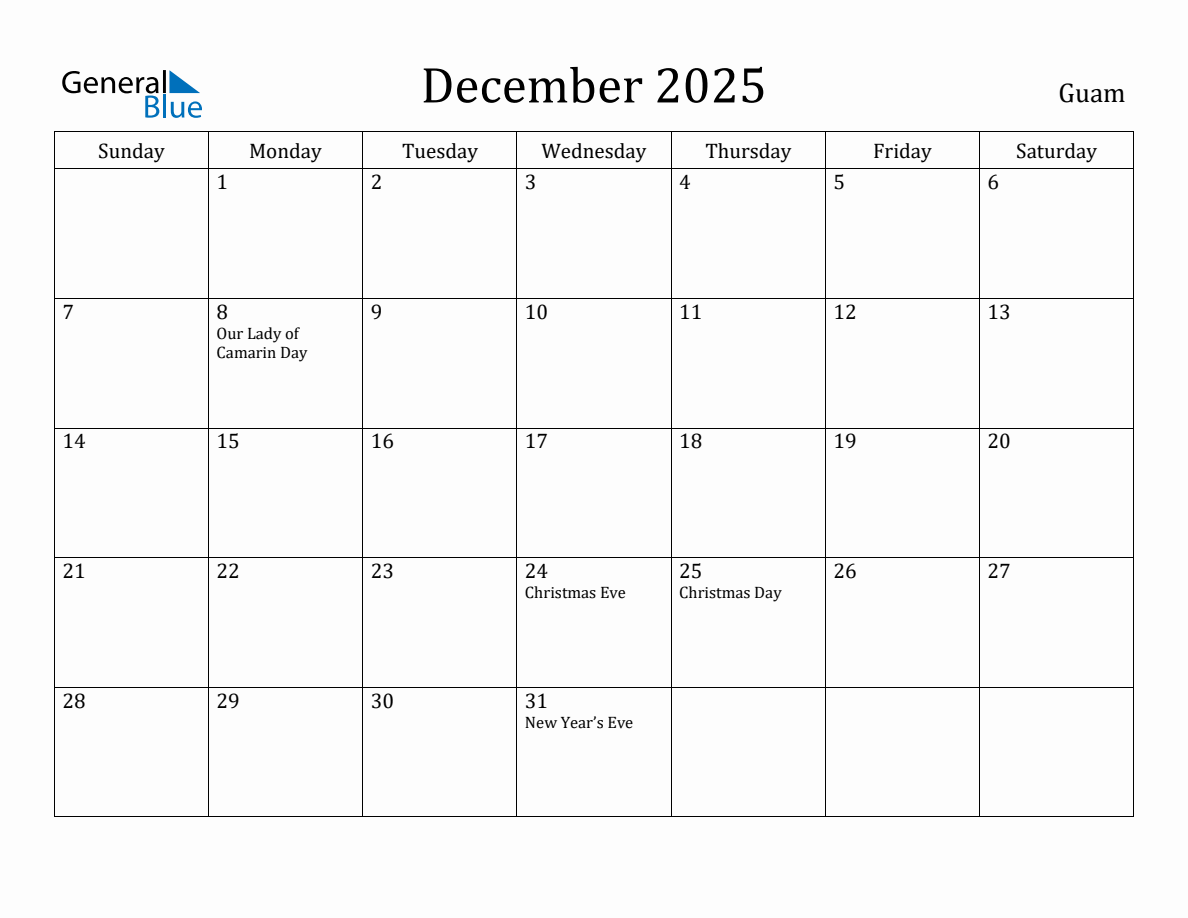 December 2025 Monthly Calendar with Guam Holidays