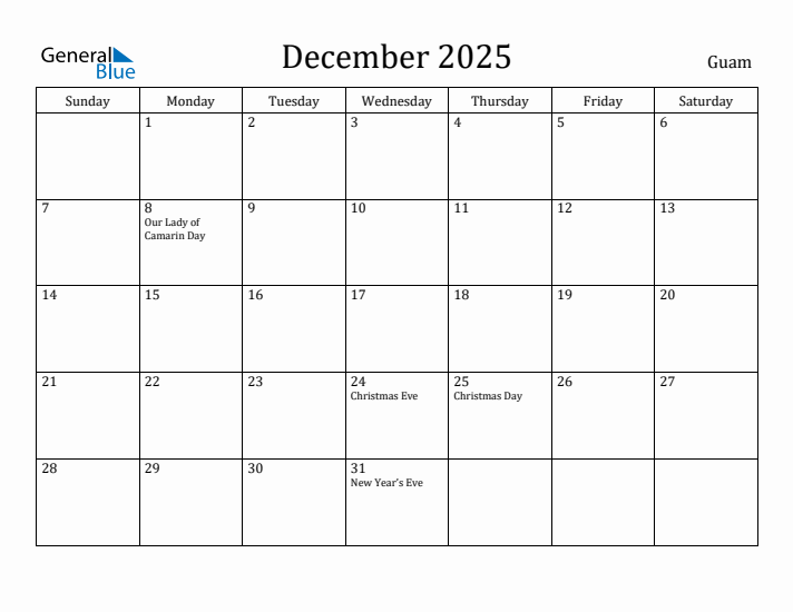 December 2025 Calendar Guam