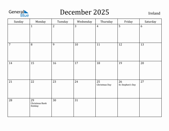 December 2025 Calendar Ireland