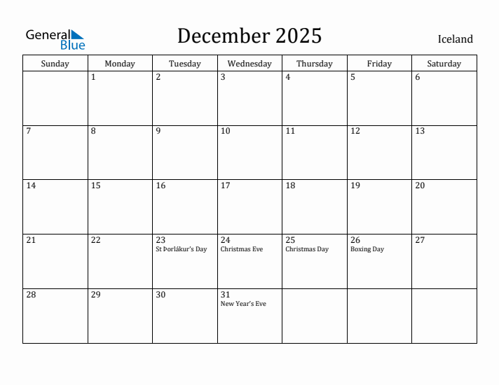 December 2025 Calendar Iceland