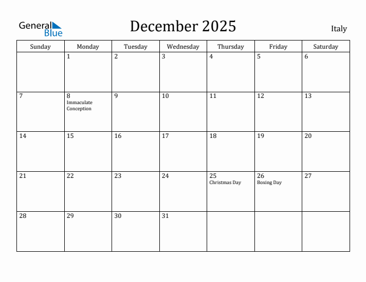 December 2025 Calendar Italy