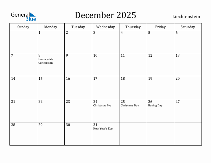 December 2025 Calendar Liechtenstein