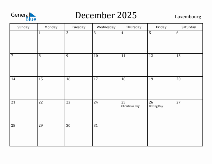 December 2025 Calendar Luxembourg