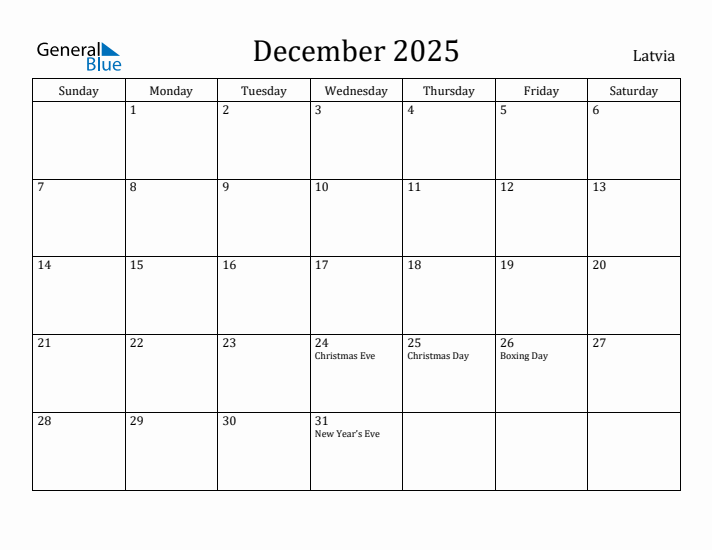 December 2025 Calendar Latvia