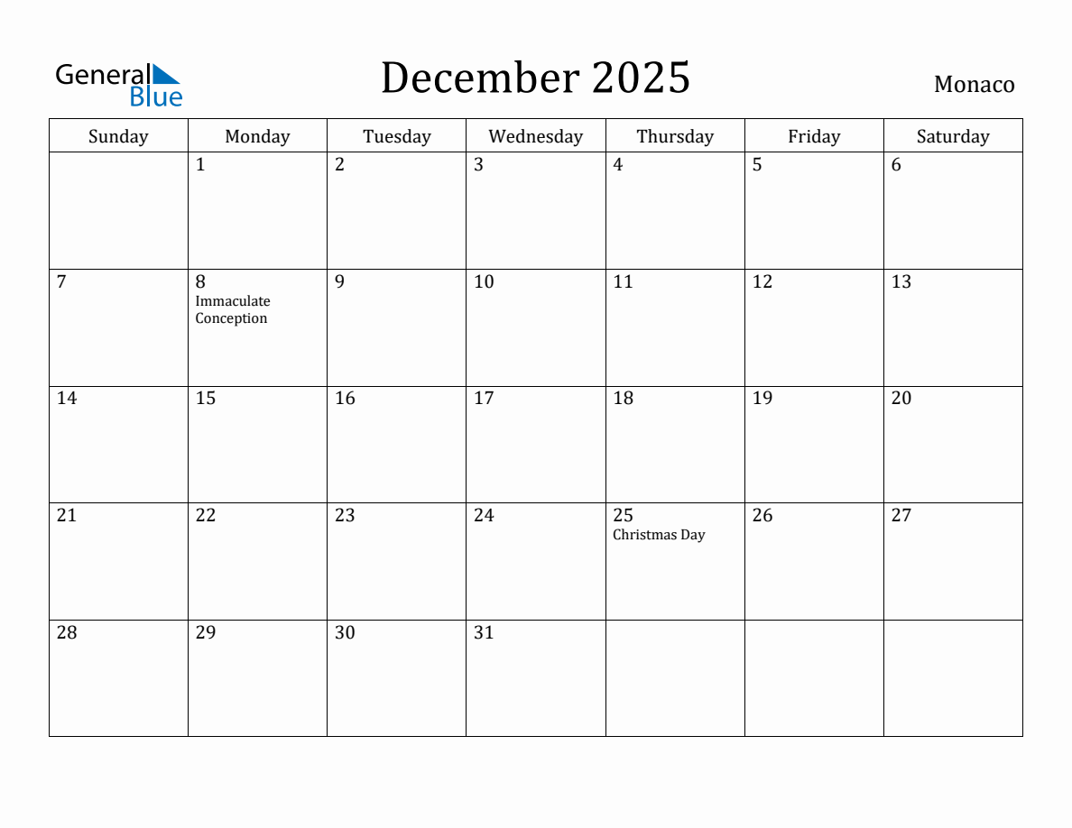 December 2025 Monthly Calendar with Monaco Holidays