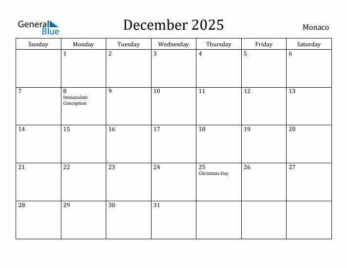 December 2025 Calendar Monaco