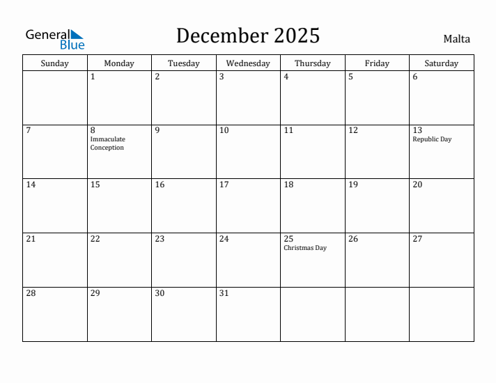 December 2025 Calendar Malta