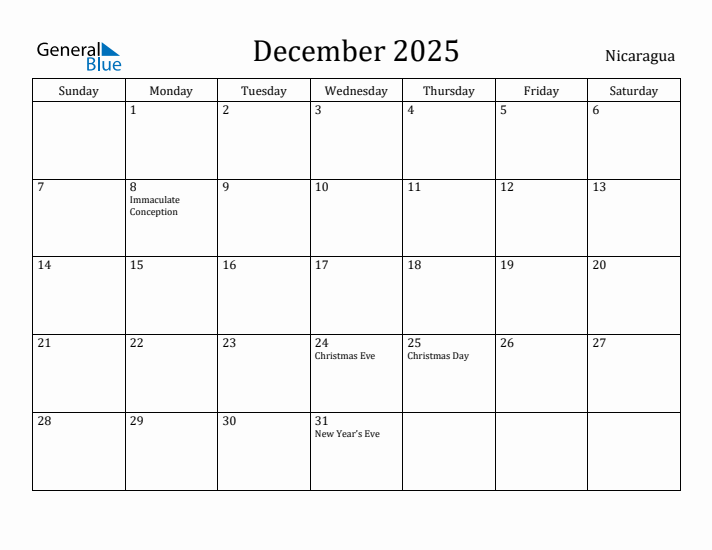 December 2025 Calendar Nicaragua