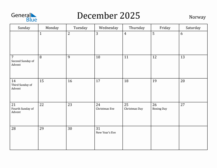 December 2025 Calendar Norway