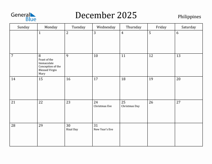 December 2025 Calendar Philippines