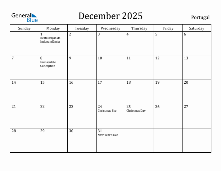 December 2025 Calendar Portugal