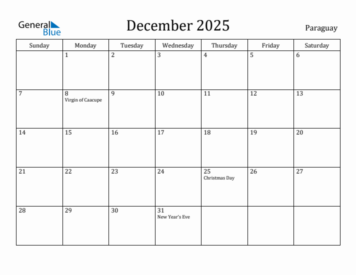 December 2025 Calendar Paraguay
