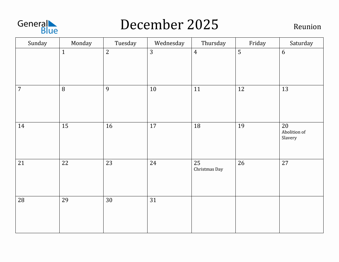 December 2025 Monthly Calendar with Reunion Holidays