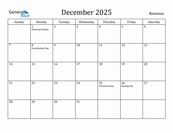 December 2025 Calendar Romania