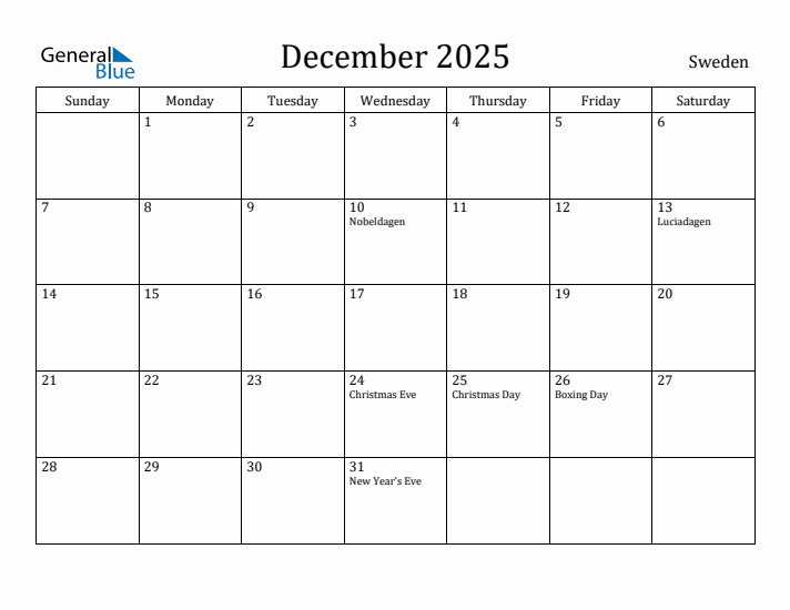 December 2025 Calendar Sweden