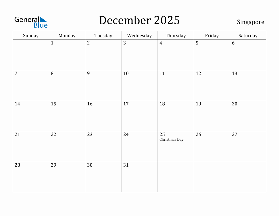 December 2025 Monthly Calendar with Singapore Holidays