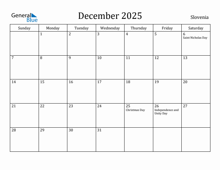 December 2025 Calendar Slovenia