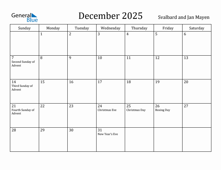 December 2025 Calendar Svalbard and Jan Mayen