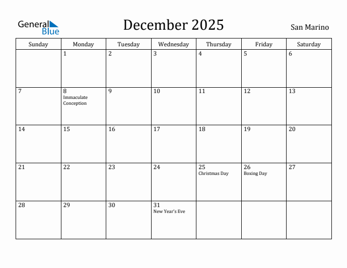 December 2025 Calendar San Marino
