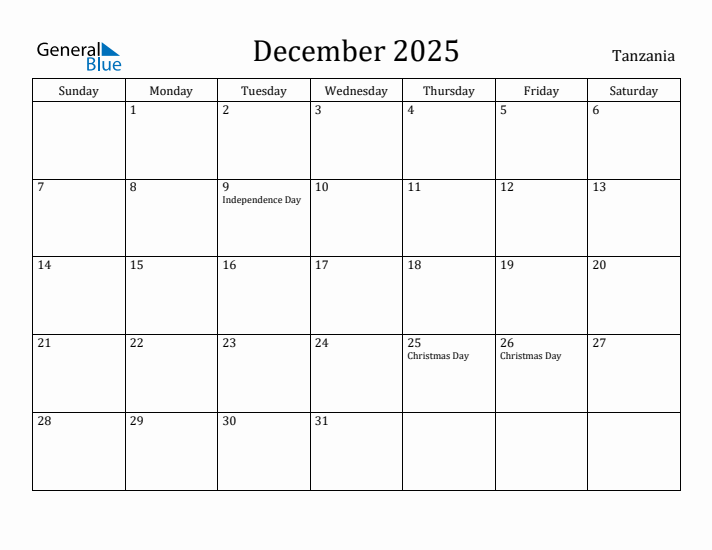 December 2025 Calendar Tanzania