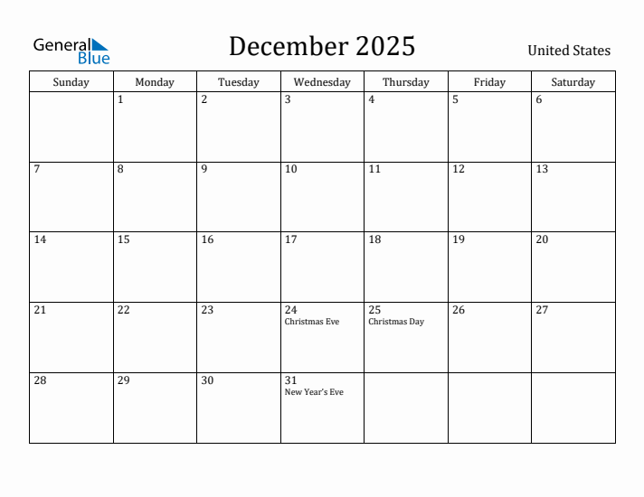 December 2025 Calendar United States