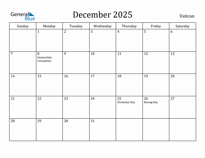 December 2025 Calendar Vatican