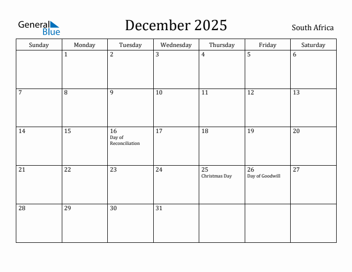 December 2025 Monthly Calendar with South Africa Holidays