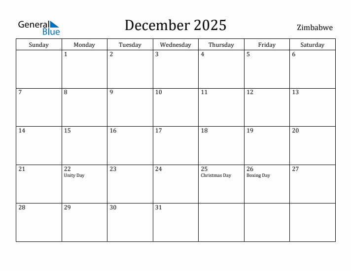 December 2025 Calendar Zimbabwe