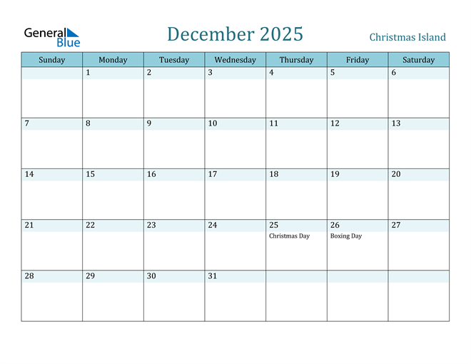 Christmas Island December 2025 Calendar with Holidays