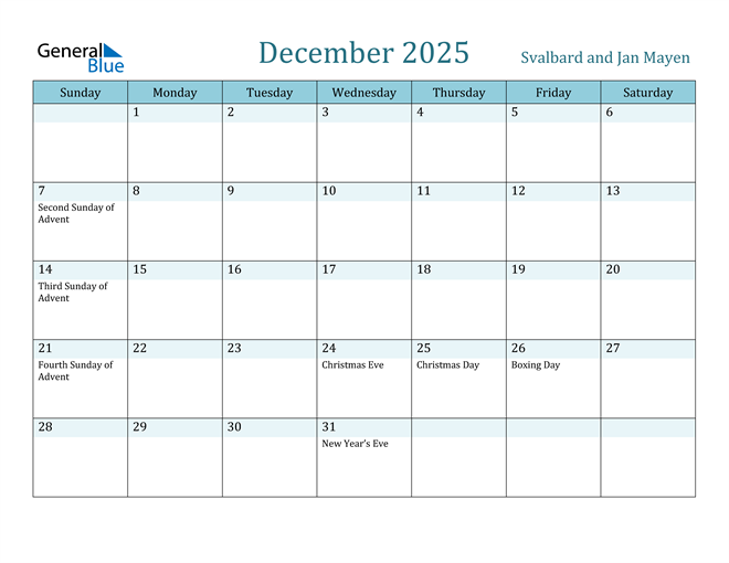 Svalbard and Jan Mayen December 2025 Calendar with Holidays