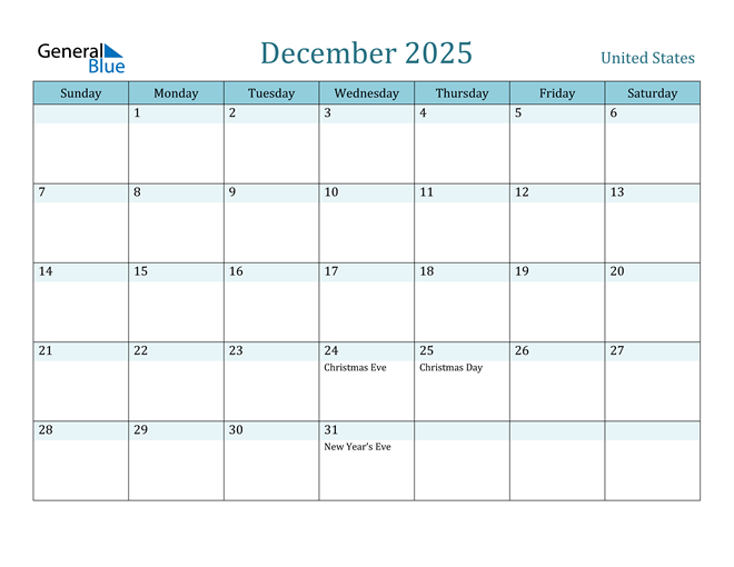 December 2025 Calendar with Holidays in PDF, Word, and Excel