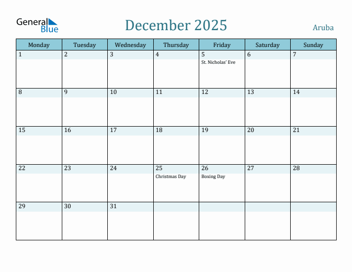 December 2025 Aruba Monthly Calendar with Holidays