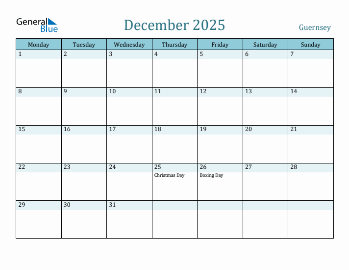 December 2025 Guernsey Monthly Calendar with Holidays