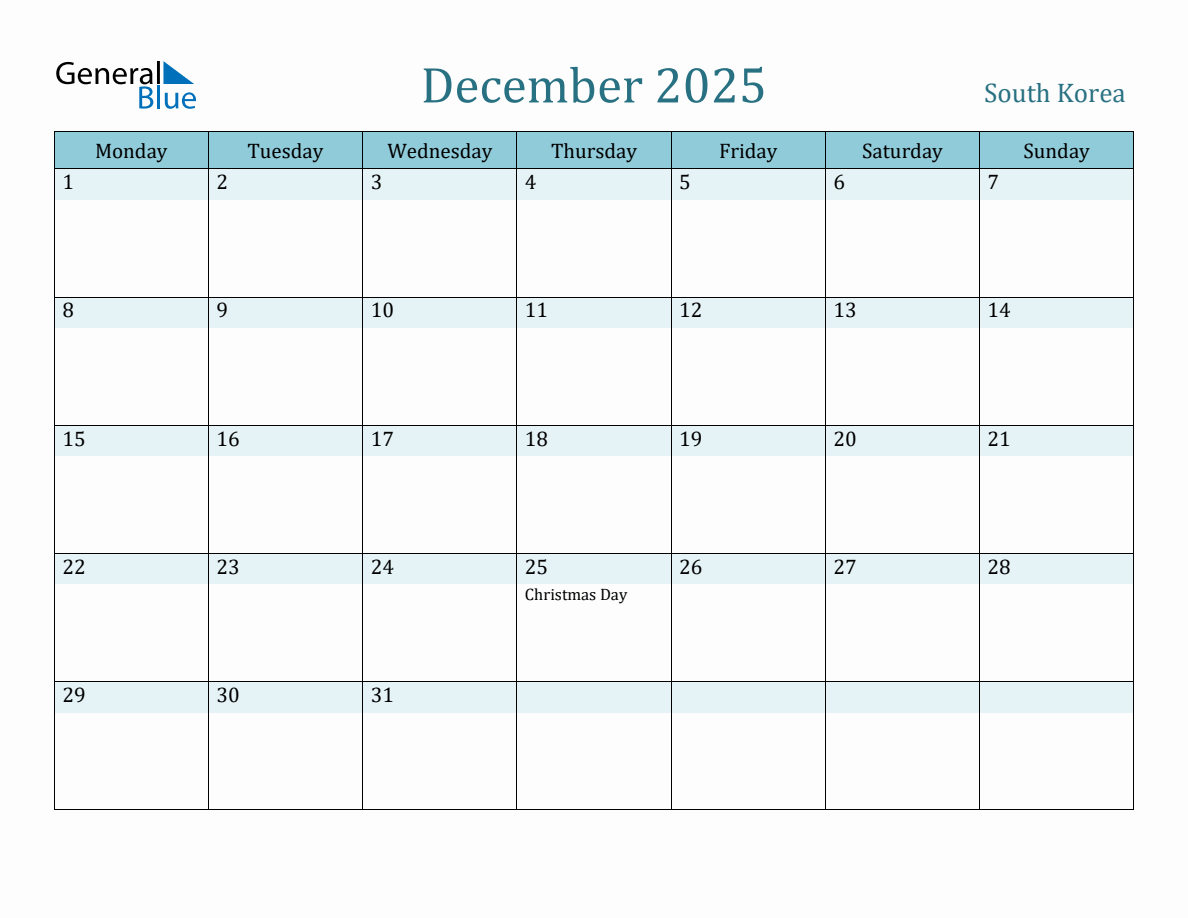 South Korea Holiday Calendar for December 2025