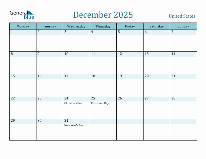December 2025 United States Monthly Calendar with Holidays