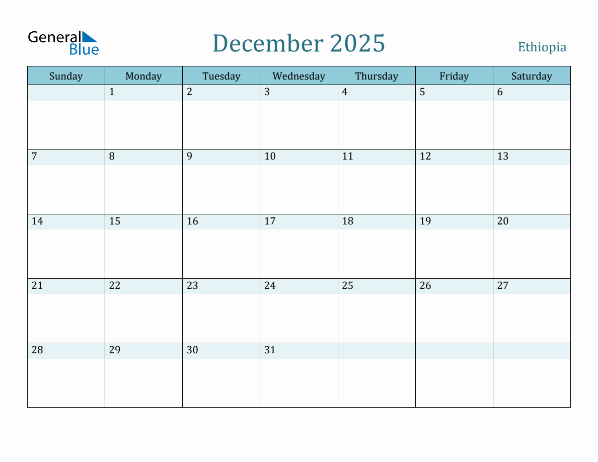 Ethiopia Holiday Calendar for December 2025