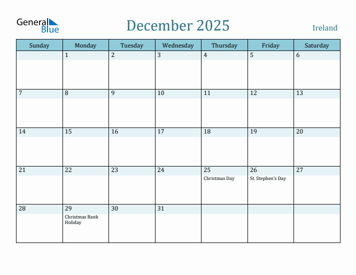 Ireland Holiday Calendar for December 2025