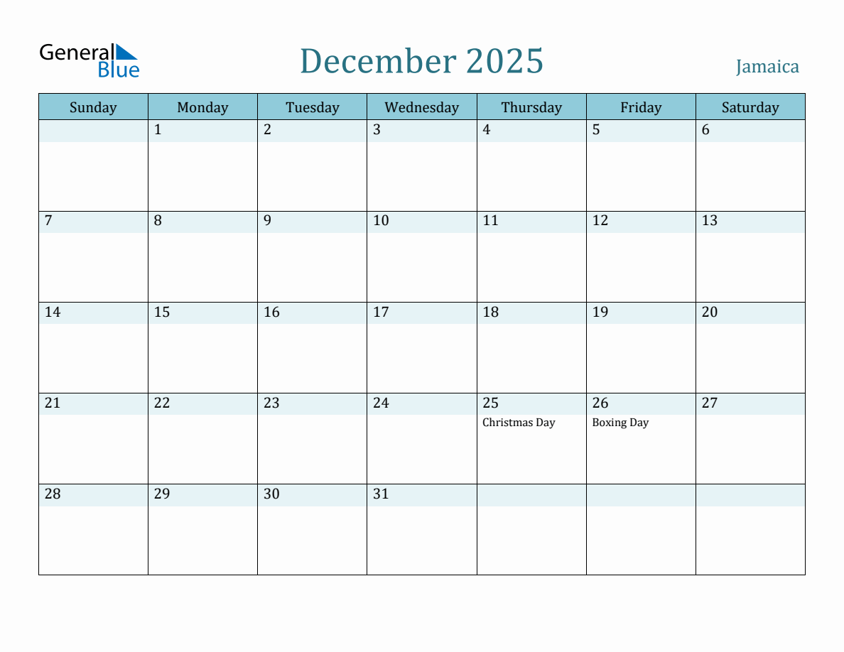 Jamaica Holiday Calendar for December 2025