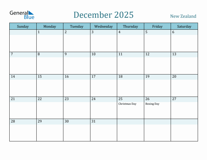 December 2025 Monthly Calendar with New Zealand Holidays