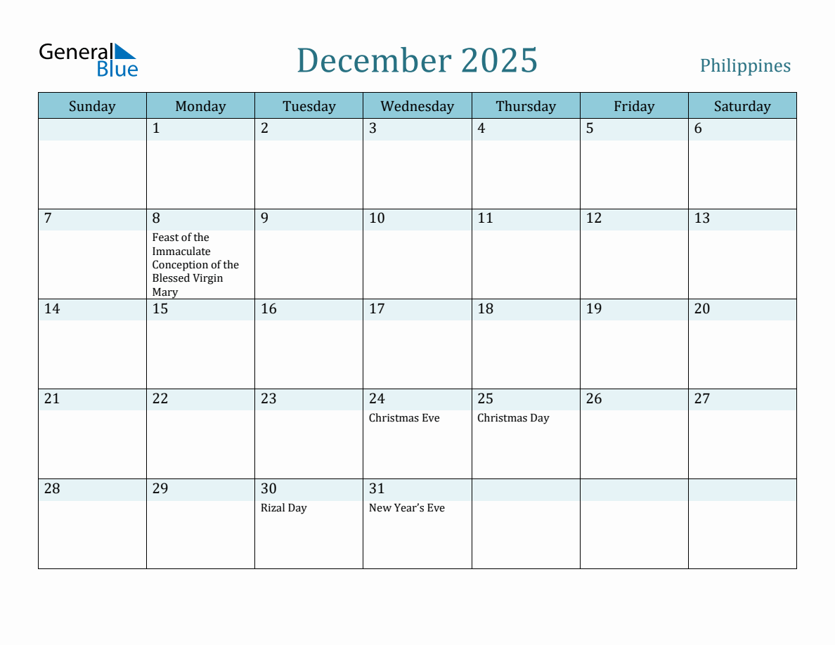 Philippines Holiday Calendar for December 2025