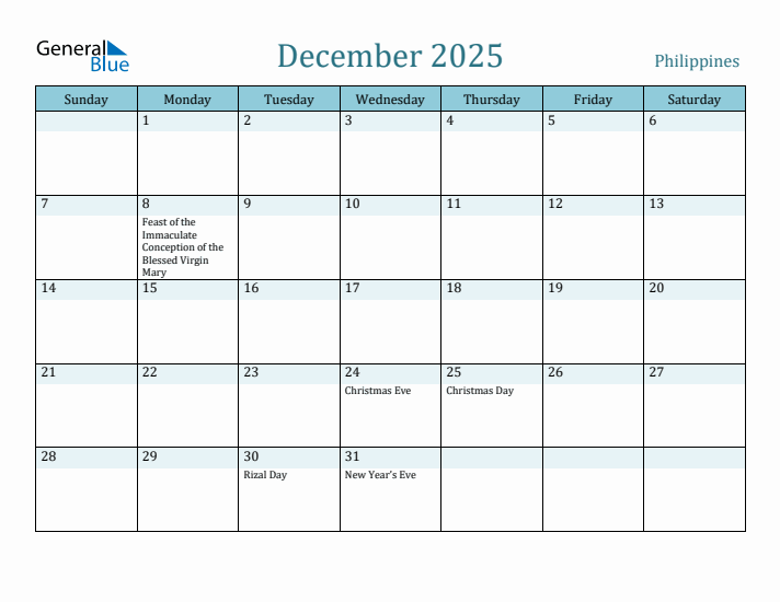 December 2025 Monthly Calendar with Philippines Holidays