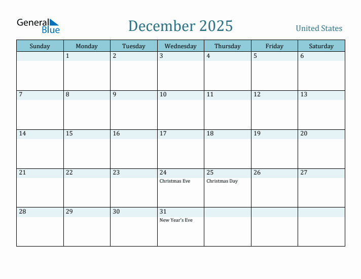 December 2025 Monthly Calendar with United States Holidays
