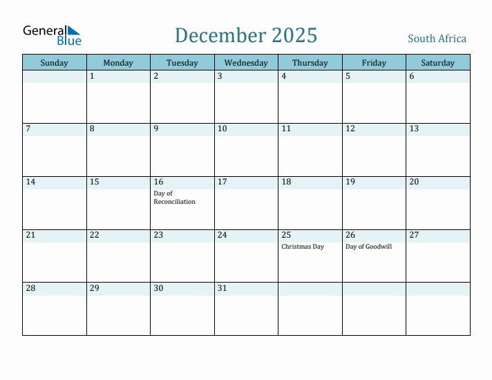 December 2025 Monthly Calendar with South Africa Holidays